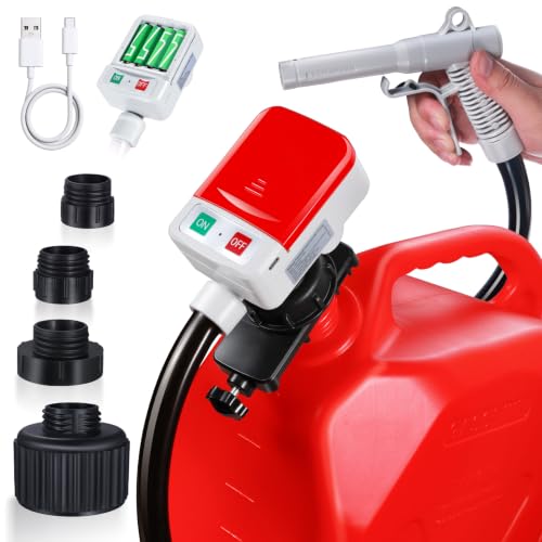 Fuel Transfer Pump with Auto-Stop Sensor-30s Alert Beep,3.4GPM USB & AA Battery Powered, 51" Upgraded Vinyl Hose, 4 Tank Adapters &Universal Multi-Tank Adapter for Gasoline, Diesel,Oil - color: Red&Black