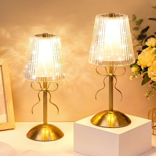 Liliful 2 Pcs Cordless Table Lamp Rechargeable Touch LED Small Gold Portable Battery Operated USB-c Desk Lamp 3 Color Dimmable for Bedroom Living Room Dining (Gold,Hollow Lined Style Bow) - color: Hollow Lined Style Bow, size: Gold
