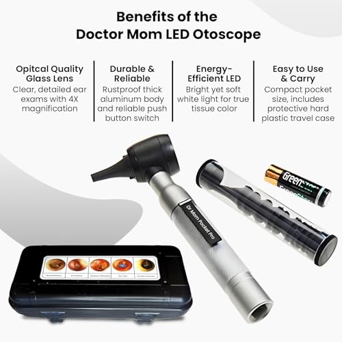 4th Generation Doctor Mom LED Pocket Pro Otoscope with Both Adult and Pediatric Disposable Specula Tips, Battery, and Protective Hard Plastic Case - color: Silver