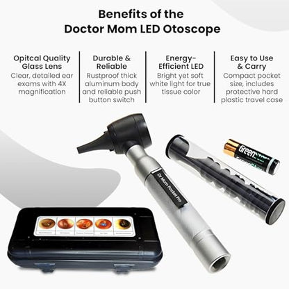 4th Generation Doctor Mom LED Pocket Pro Otoscope with Both Adult and Pediatric Disposable Specula Tips, Battery, and Protective Hard Plastic Case - color: Silver