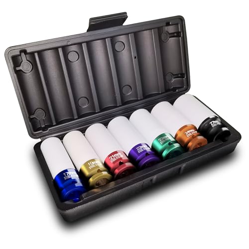 Steel Vision 1/2" Drive Lug Nut Impact Socket Set, 7 PC Metric 17, 19, 21, 22, 23, 24 & 27 mm，Cr-Mo Alloy Wheel Socket Set, Color-Coded Deep Lug Nut Impact Socket Set - color: 7pc Metric