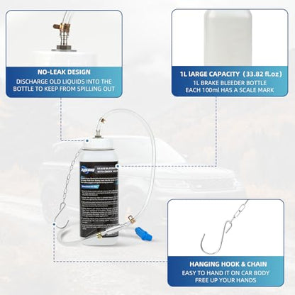 RUKANG 1L Brake Bleeder Bottle, Brake Bleed Kit with One Way Check Valve, 28.74 Inch Hose and Rubber Connector for Brake Fluid Collection