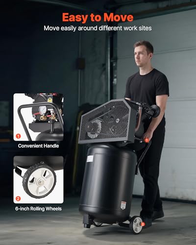 VEVOR 20 Gallons Air Compressor, 2HP 6.5SCFM at 90PSI, Max 135PSI Pressure Oil-Lubricated Air Compressor Tank,Portable on Wheels for Auto Repair,Tire Inflation,Spray Painting,Woodwork Nailing,120V - size: 20-Gallon 135PSI