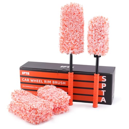 SPTA Car Wheel Brush Set, 2Pcs Microfibre Rim Brush with Extra 2 Large and 2 Small Interchangeable Microfiber Covers, Rim Cleaner Brush for Wheel Cleaning, Wheel Cleaning Brush for All Wheel Types - color: Car Wheel Brush Set