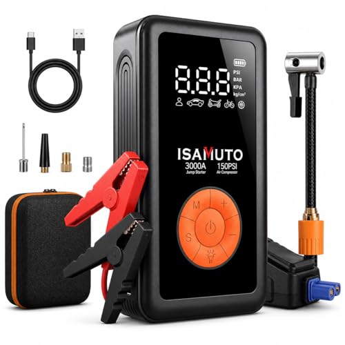 Jump Starter with Air Compressor, Portable Car Battery Jump Box with 150PSI Tire Inflator, 3000A Battery Booster for 8L Gas/6L Diesel Engines, 12000mAh Power Bank