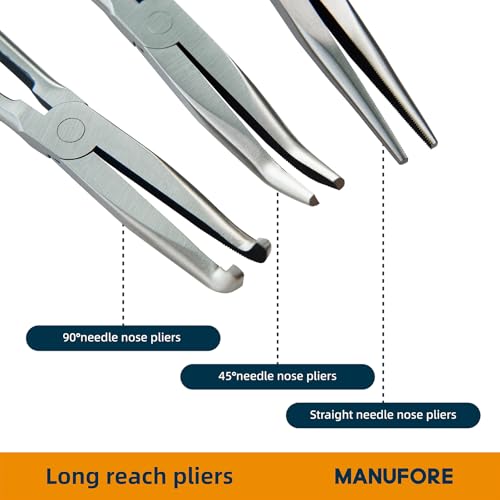 MANUFORE 5-Piece 11-Inch Long Reach Needle Nose Pliers Set for Tight Spaces | Straight, 45° & 90° Bent, Circle Nose and Diagonal, High Carbon Steel & CR-V, Comfort Grip for Better Control, Auto Repair - style: 5PCS