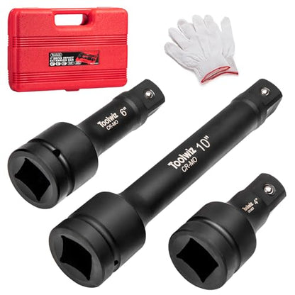 Toolwiz 1" Drive Impact Extension Bar 4", 6", 10" (3 Piece) Cr-Mo Steel | 1" Socket Extension Set, Black, Locking Pin, PVC Box Organized, for Mechanical Equipment Repair, Use with Air Impact Wrenches - size: 1" Drive (4", 6", 10")
