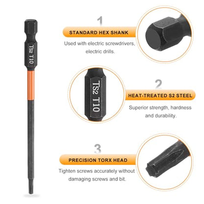HARFINGTON 3pcs T10 Torx Head Screwdriver Bit 4" (100mm) Long 1/4" Hex Shank Magnetic No Hole Tamper Proof 6 Point Star Screw Driver Drill Bits Phosphate S2 Steel Industrial Power Tools - size: T10 x 100mm
