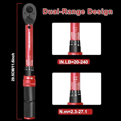 ATsafepro 1/4" Torque Wrench (20-240 in-lb / 2.3-27.1 Nm) -Dual Scale, 72-Tooth Ratchet, ±3% Pre-Calibrated Accuracy, Suitable for Bike & Bicycle Maintenance - style: 1/4" 20-240 IN.LB Torque Wrench