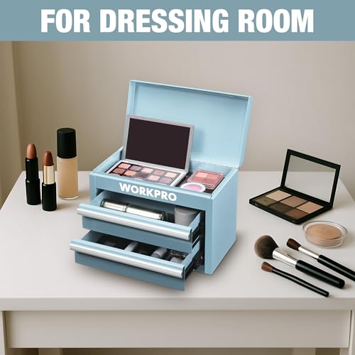 WORKPRO Metal Mini Tool Box with 2 Drawers and Top Storage | Cold Rolled Steel Toolbox, Ball Bearing Slides, PVC Drawer Liners, PP Feet Pads, Durable Storage - color: Macaron Blue