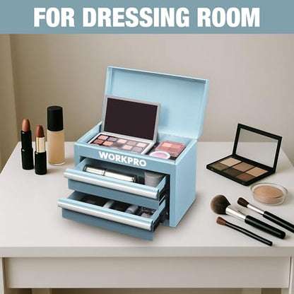 WORKPRO Metal Mini Tool Box with 2 Drawers and Top Storage | Cold Rolled Steel Toolbox, Ball Bearing Slides, PVC Drawer Liners, PP Feet Pads, Durable Storage - color: Macaron Blue