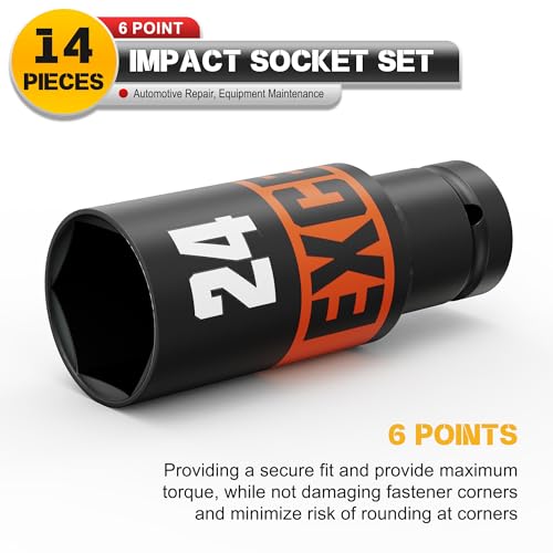 14 Piece 1/2-Inch Drive Impact Socket Set, 10-24mm Deep Sockets, 6 Point Metric Sockets for Automotive Repair, Equipment Maintenance - size: 1/2 Inch Metric Deep