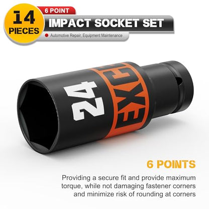 14 Piece 1/2-Inch Drive Impact Socket Set, 10-24mm Deep Sockets, 6 Point Metric Sockets for Automotive Repair, Equipment Maintenance - size: 1/2 Inch Metric Deep