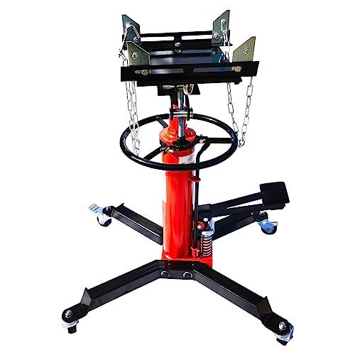 Heavy Duty 2-Stage Transmission Jack, 1600 lbs Capacity, Red Alloy Steel with 360° Swivel Wheels, 33.5-69 inch Height Range, Spring-Loaded Brakes - color: Red