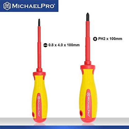 MichaelPro 2-Piece 1000V VDE Insulated Screwdriver Set, Electrician Tools, Slotted and Phillips Screwdrivers with Magnetic Tips, CR-MO Steel, 10,000V Tested and Certified for Electrician Safety - size: 2-Piece Phillips and Slotted Screwdrivers