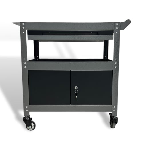 JZD Steel Rolling Tool Cart, Metal Industrial Grade Utility Cart on Wheels with One Drawer & Lockable Cabinets, for Mechanic Garage Auto Repair Shop, Black & Grey - size: 03