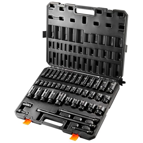 VEVOR Impact Socket Set 1/2" Socket Set 43 Piece Deep & Shallow SAE 3/8" to 1-1/2", 6 Point Cr-Mo Alloy Steel for Auto Repair, Easy-to-Read Size Markings, Rugged Construction, Storage Case - style: 1/2" 43PCS CR-MO