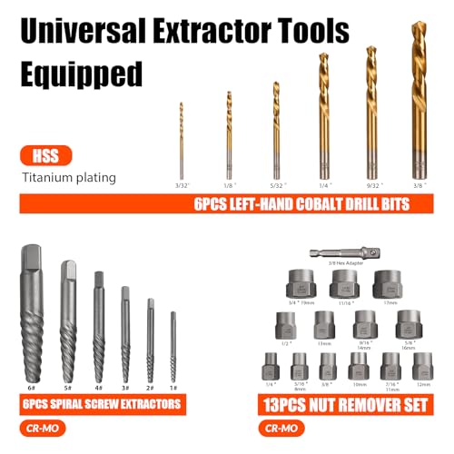 Coobeast 26Pcs Bolt Extractor Kit and Left Handed Drill Bit, Easy Out Screw Extractor with Reverse Drill Bit Extractor Set for Damaged Stripped Broken Lug Nut Bolt and Nut Remove with Hex Adapter - size: 26 PCS