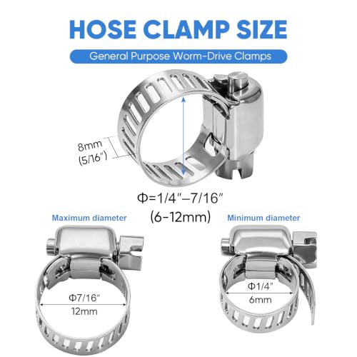 TICONN 24PCS Hose Clamp Set - 1/4''–7/16'' 304 Stainless Steel Worm Gear Hose Clamps for Pipe, Intercooler, Plumbing, Tube and Fuel Line (6–12 mm) - size: SAE Micro #4 24PCS 1/4''~7/16"