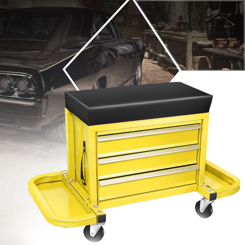 PM PERFORMOTOR 3-Drawer Tool Chest Rolling Mechanic Seat with Tool Trays,350lbs Max Weight Capacity, Yellow,PM-TOL-RST1-YL - color: Yellow