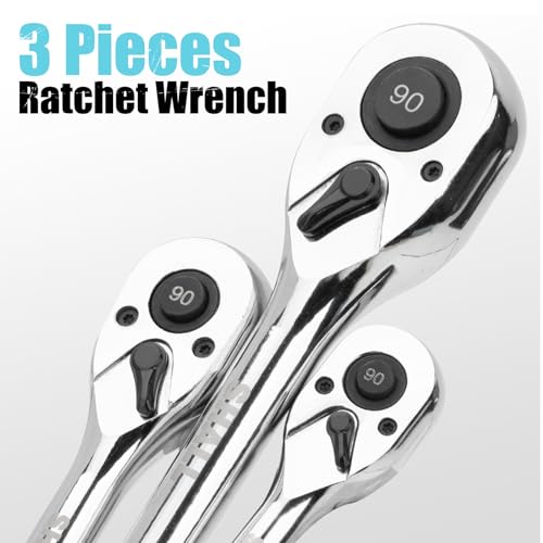 SHALL 90-Tooth 3-Pieces Drive Ratchet Wrench, Quick-Release & Reversible, Full Polished Ratchet Wrench Made of Chrome Alloy, Gifts for Men Women Dad Mom(1/4'' 3/8'' 1/2'') - size: 3 Pieces Ratchet Wrench Set