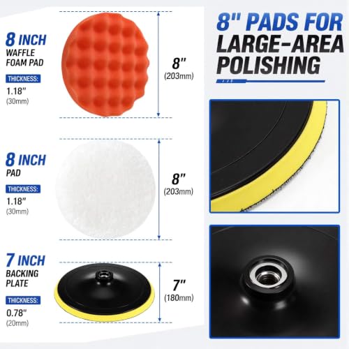 Marsui 9 Pcs Polishing Pads Kit 8 Inch Waffle Foam Buffing Pads 7 Inch Wool Pad Car Foam Buffing Sponge Pad Kit with 5/8 Inches Backing Plate for Car Waxing Polishing
