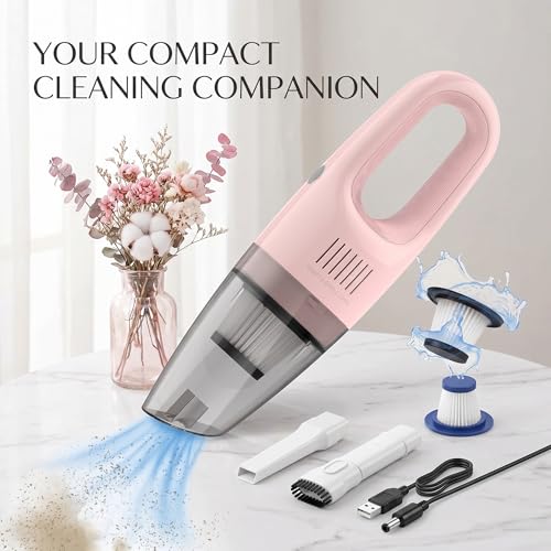 Pink Cordless Portable Car Vacuum Cleaner, High Power Handheld Vacuum | Rechargeable Lightweight Desk Duster Detailing Kit for Auto Interior & Kitchen, Aesthetic Car Accessories for Women