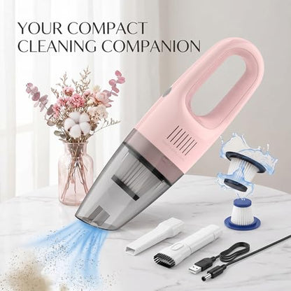 Pink Cordless Portable Car Vacuum Cleaner, High Power Handheld Vacuum | Rechargeable Lightweight Desk Duster Detailing Kit for Auto Interior & Kitchen, Aesthetic Car Accessories for Women