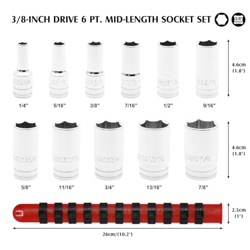 MIXPOWER 3/8" Drive Mid-Length Socket Set with Storage Rails, 11-Piece, 6 Point, 1/4"-7/8”, CR-V, SAE, Semi-Deep Socket Set - size: 3/8" Dr. Mid-Length, 6.35-22.23mm