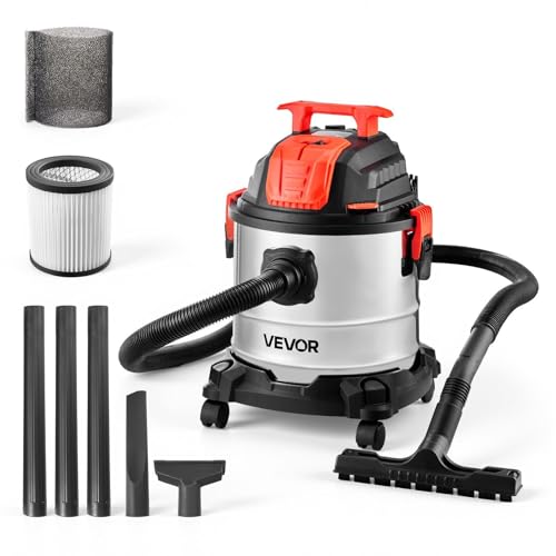 VEVOR Shop Vac, 5.8 Gallon Wet Dry Shop Vacuum, 4 Peak HP with One-Button Self-Cleaning, Dual-Filter, 900W Input Power, 1.25in x 7ft Hose, 9.8ft Cord, Metal Tank for Jobsite, Workshop, Garage, Home - color: Stainless Steel, size: 5.5 Gal+4 Peak HP+Wet/Dry