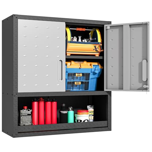 Metal Storage Cabinet for Garage, Tool Cabinet, Utility Cabinet | Wall Mounted, Hanging Tool Cabinet, Lockable, 2 Doors, Open Storage Compartment, Assembly Required, Black & Grey - color: Black & Grey