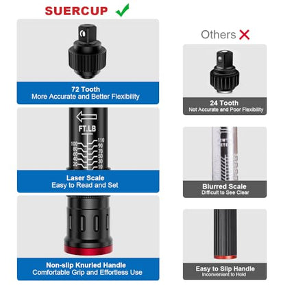 SUERCUP 3/8" Click Torque Wrench, 10-110 ft-lb, for Lug Nuts & Spark Plugs | ±3% Accuracy, 13.6-149.2Nm, Dual-Direction 72-Tooth Ratchet, Click Alert, for Engine, Suspension, Motorcycle & Car Repair - size: 3/8" 10-110Ft.Lb/13.6-149.2N.m