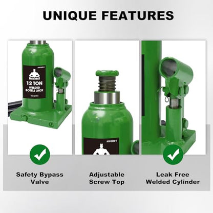 Jack Boss Bottle Jack 12 Ton (24,000 LBs) Hydraulic Car Jack, Fit for Auto Truck Repair and House Lift, Green - color: Green, size: 12 TON