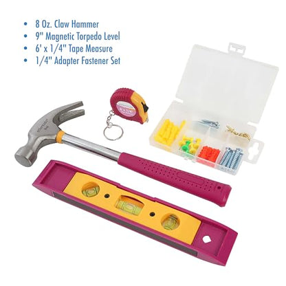 Pink Tool Set 32 Piece, Mini Tool Kit, Home Repair Tool Set with Hammer, Pliers, Adjustable Wrench, Screwdrivers, Tape Measure, Level, and Bits, Dorm Room Essentials for Girls