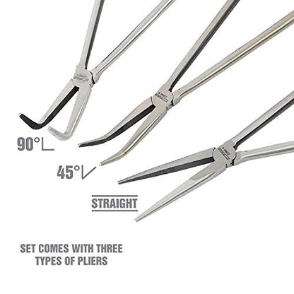 OEMTOOLS 22660 16 Inch Long Nose 3 Piece Pliers Set, 90 Degree Pliers, Straight Pliers, and 45 Degree Pliers, Clamp Hoses and Handle Delicate Work Pieces in Narrow Spaces - style: steel