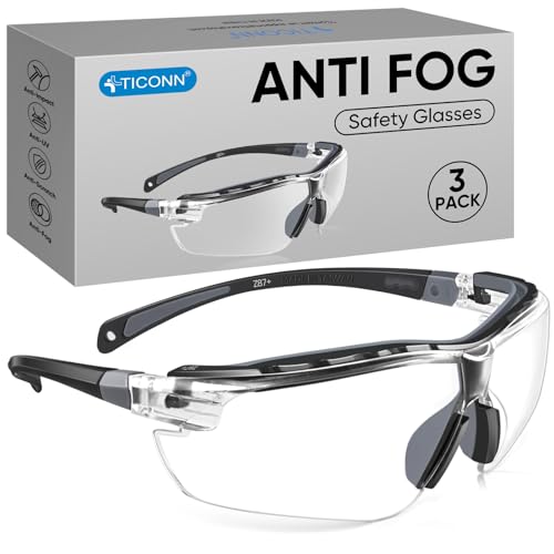 TICONN Anti-Fog Safety Glasses for Men and Women, ANSI Z87.1 Scratch Proof Eye Goggles with Adjustable Arms and UV Protection - style: 3 Pack/Clear