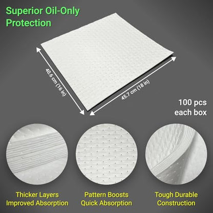 GreenStrength Oil Spill Absorbent Pads (100-Pack) 16"x18" Heavy Duty Hydrophobic Oil-Only - High Absorbency, Floats on Water - Ideal for Garage, Shop, Marine & Industrial Leaks, Made in Canada
