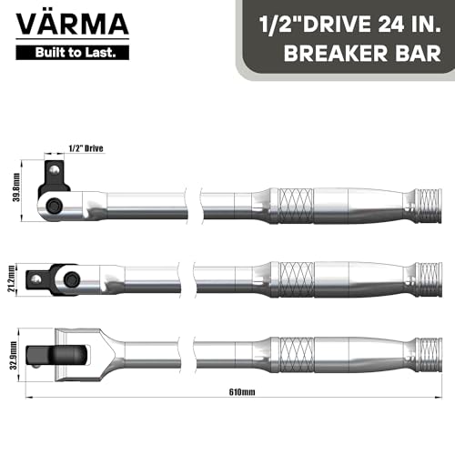 1/2-Inch Drive Breaker Bar, 24-Inch – Heavy Duty CR-MO Head & 23mm Thick Shaft – Dual-Knurled Non-Slip Grip, Constant Tension Flex Head, Premium Mirror Chrome Finish - size: 1/2" Drive x 24"