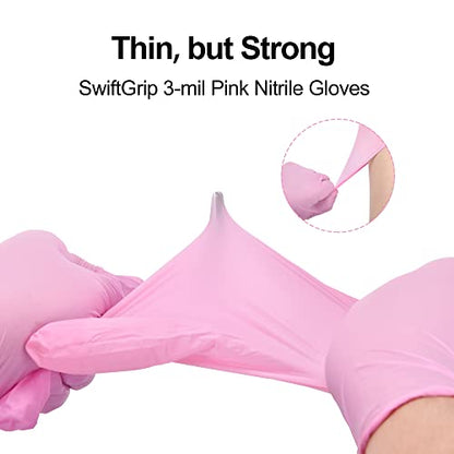 SwiftGrip Pink Nitrile Gloves, 3-mil, Industrial Gloves Disposable Latex Free, for Cleaning & Esthetician, Rubber Powder-Free, 100-ct Box (Medium) - size: Medium