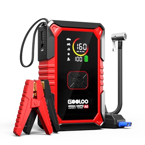 GOOLOO A5 Jump Starter with Air Compressor, 4000A Portable Jump Box | Jumper Starter for All Gas & 10L Diesel - 160 PSI Auto-Off Tire Inflator - 45W Output with Built-In Cable - LED Flashlight - color: Red