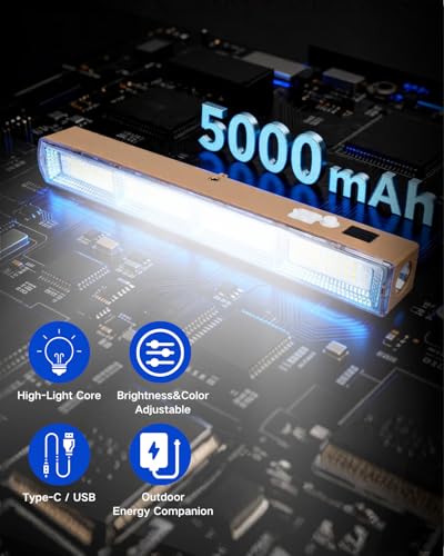 Rechargeable Magnetic Work Light Bar, Super Bright LED Underhood Light with LCD Display, 5000mAh Power Bank, Solar/USB-C, 5 Modes Red/Blue Strobe, IP65 Waterproof for Mechanic Garage Camping - size: 12.2"L x 1.57"W x 1.69"H
