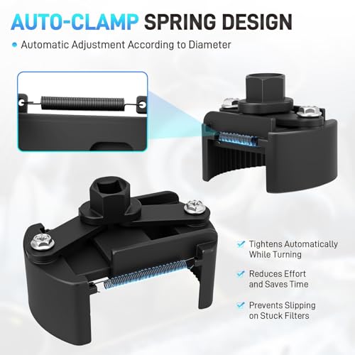 2PCS Universal Adjustable Oil Filter Wrench 60-80 mm & 80-105 mm, Oil Filter Removal Tool with Auto-Clamp Spring, 1/2" Drive Cap Wrench Set with Non-Slip Jaws, Fits Small to Heavy Duty Spin-on Filters - size: 60-80 mm & 80-105 mm