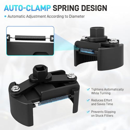 2PCS Universal Adjustable Oil Filter Wrench 60-80 mm & 80-105 mm, Oil Filter Removal Tool with Auto-Clamp Spring, 1/2" Drive Cap Wrench Set with Non-Slip Jaws, Fits Small to Heavy Duty Spin-on Filters - size: 60-80 mm & 80-105 mm