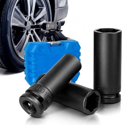 Impact Socket Set 1/2 Drive,Metric 17-19-21mm Hexagon Deep Socket Set. | CR-MO Steel Material,High Torque,Drive Impact Socket Set for Repair Mechanic Garage，The storage box contains 3 -Piece
