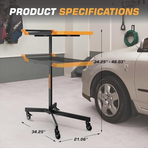 Mobile Work Table, Adjustable Height Workbench with Wheels, Orange | Heavy Duty, 8 Adjustable Height Settings, Drills Storage, 4 Wheels (2 locking), for Garage, Workshop, Bike Repair, Car Repair