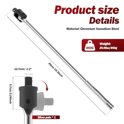 1/2" Drive Breaker Bar, 19.3" Chrome Vanadium Steel Heavy Duty Lug Nut Wrench with 240° Flexible Swivel Head, Professional Automotive Tool for High Torque & Tight Space