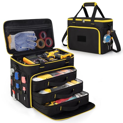 Marscamd 2 Layers Tool Bag with 3 Clear Window Removable Cases | Heavy Duty Tool Tote with Molle Webbing and Detachable Shoulder Strap, Black/Yellow - color: Black/Yellow