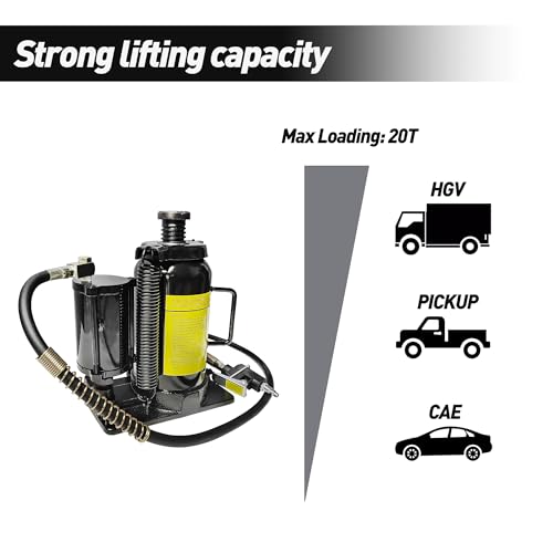 Air Hydraulic Bottle Jack, 20 Ton/40000 LBS All Welded Bottle Jack, 10.23-20.07 inch Lifting Range, Manual Handle and Air Pump, for Car, Pickup, Truck, RV, Auto Repair, Industrial Engineering