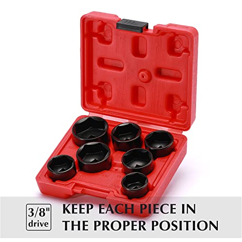 EMENTOL 7PCS 3/8" Drive Low Profile Oil Filter Socket, CR-V, Oil Filter Cap Remover and Installer Tool Set, 24mm, 25mm, 27mm, 28mm, 29mm, 32mm, 36mm, Oil Filter Cap Wrench Tool Kit