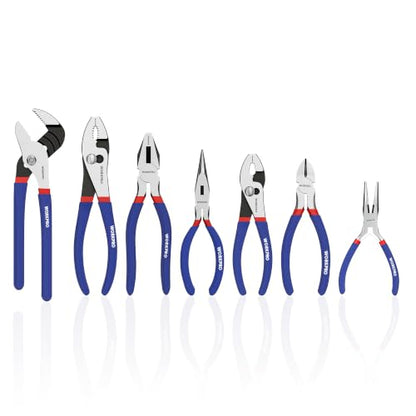 7-piece WORKPRO Pliers Set with Groove Joint, Long Nose, Slip Joint, Linesman, and Diagonal Pliers for DIY & Home Use - color: Red, Blue